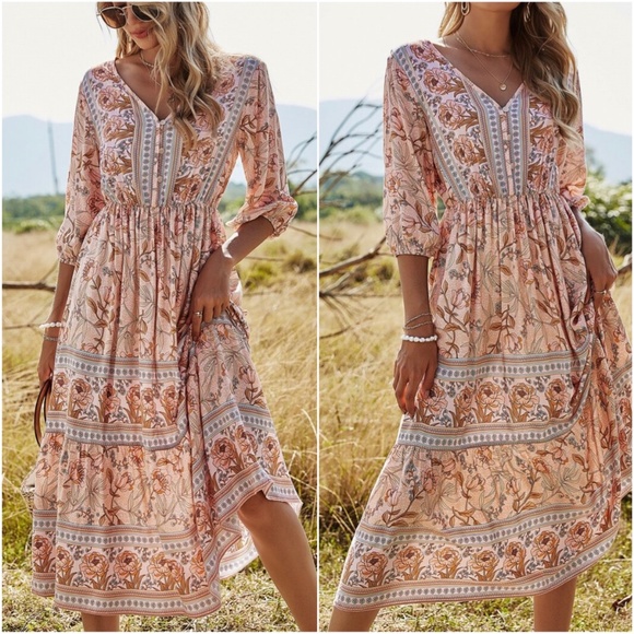 BellanBlue Dresses & Skirts - Boho Peach Floral Print Button A-Line Midi Dress